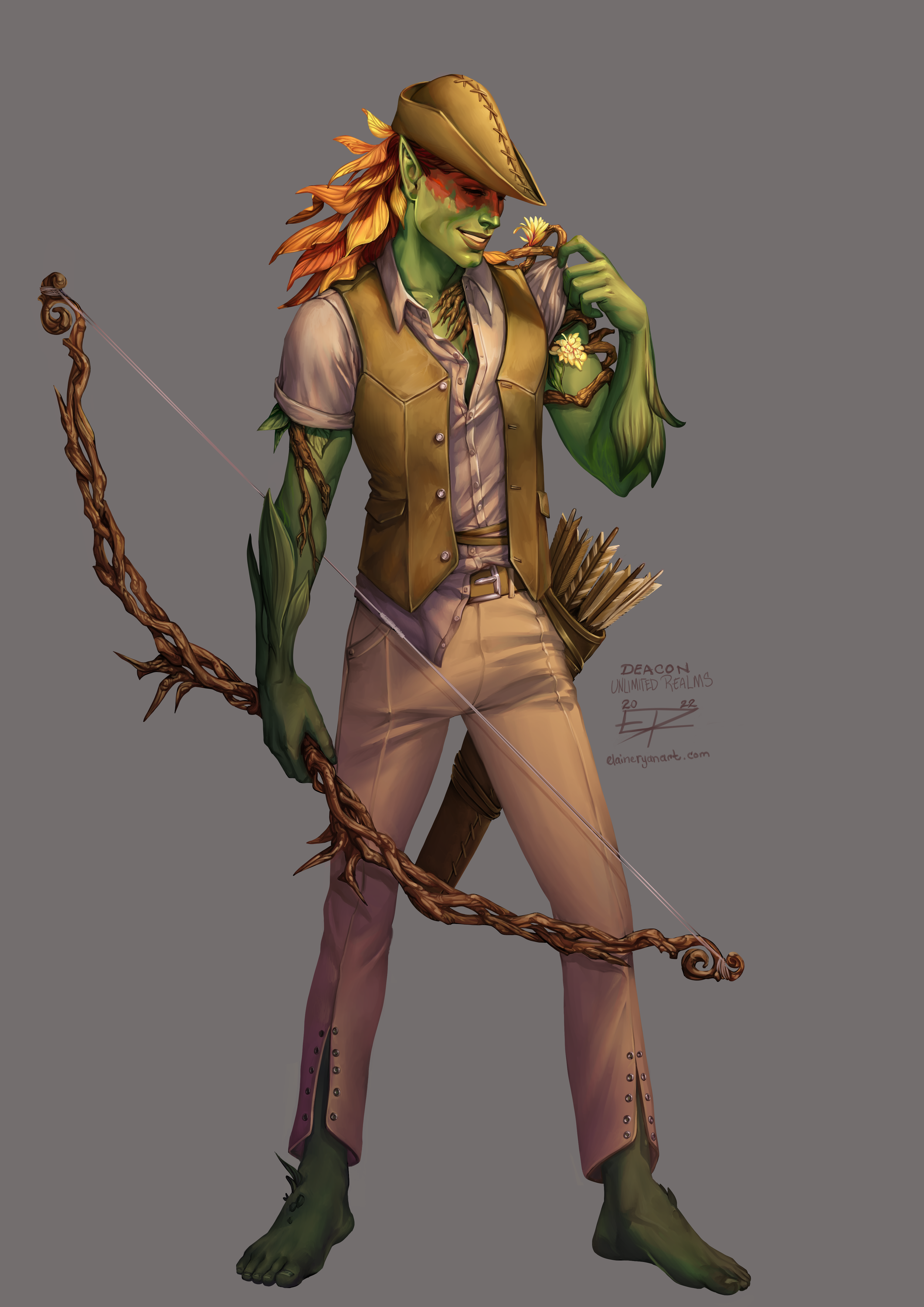 Fantasy character with green skin, orange hair, wearing a hat, vest, holding a twisted wood bow, with a quiver, and a flower bracelet. Painted by Elaine Ryan Art