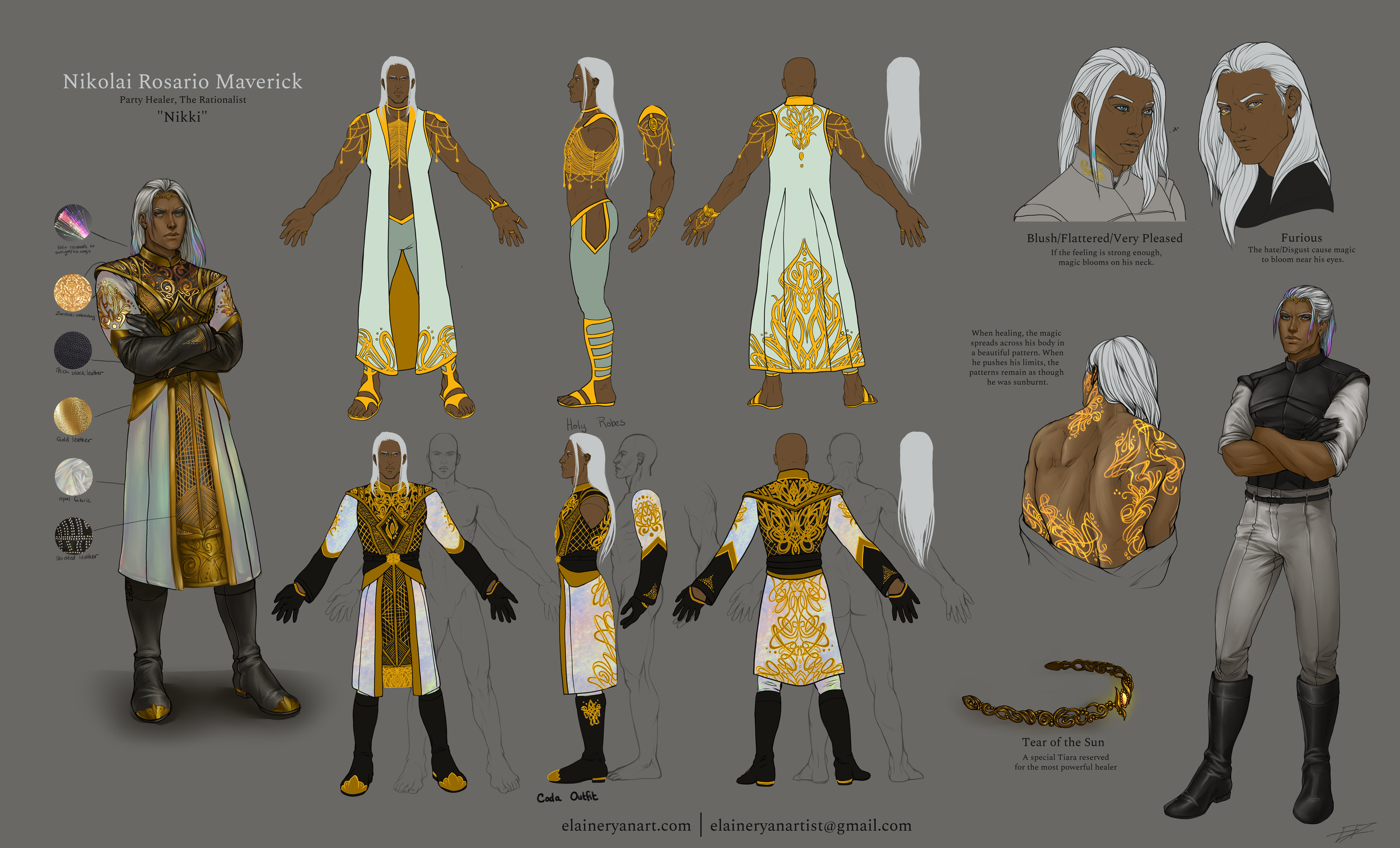 Character design of Nikolai Rosario Maverick, a fantasy healer with long white hair. He wears a decorative outfit featuring gold and intricate embroidery. The image shows front and back views, different outfits, and facial expressions. Materials used
