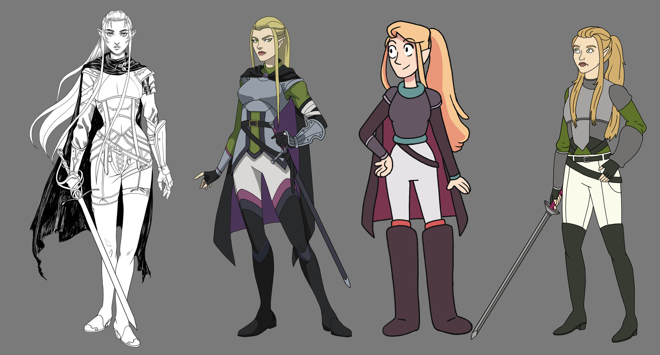 Character design evolution of a female elf warrior with various outfits and styles, depicted in four stages from sketch to cartoon. Each version showcases evolutionary changes in costume and art style, with emphasis on sword and armor details.