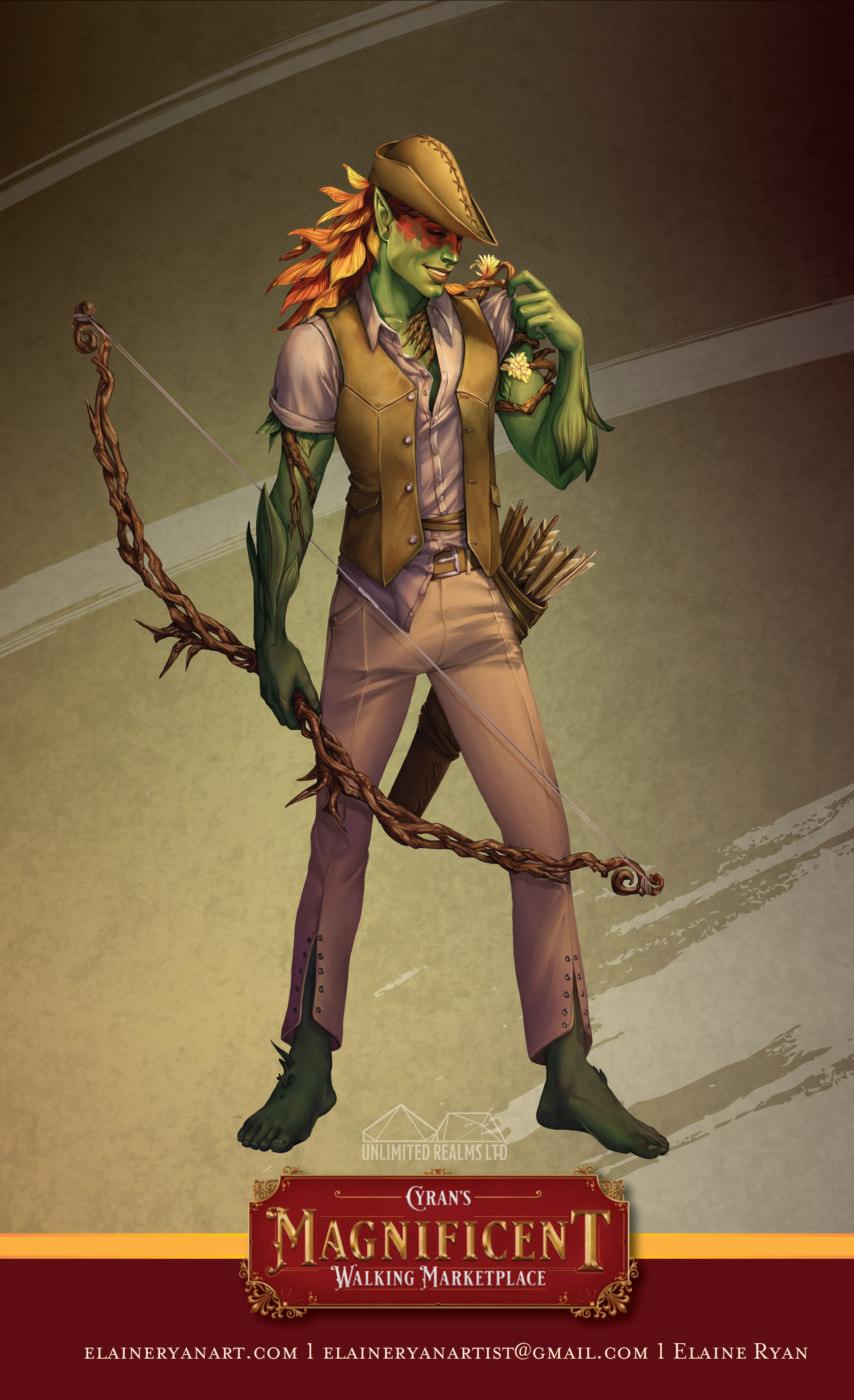 Illustration of a green-skinned, plant-like humanoid fantasy character holding a primitive bow, wearing a brown vest, shirt, and pants, with a quiver of arrows on their back. The character has red hair, leaf-like features, and is depicted with a conf