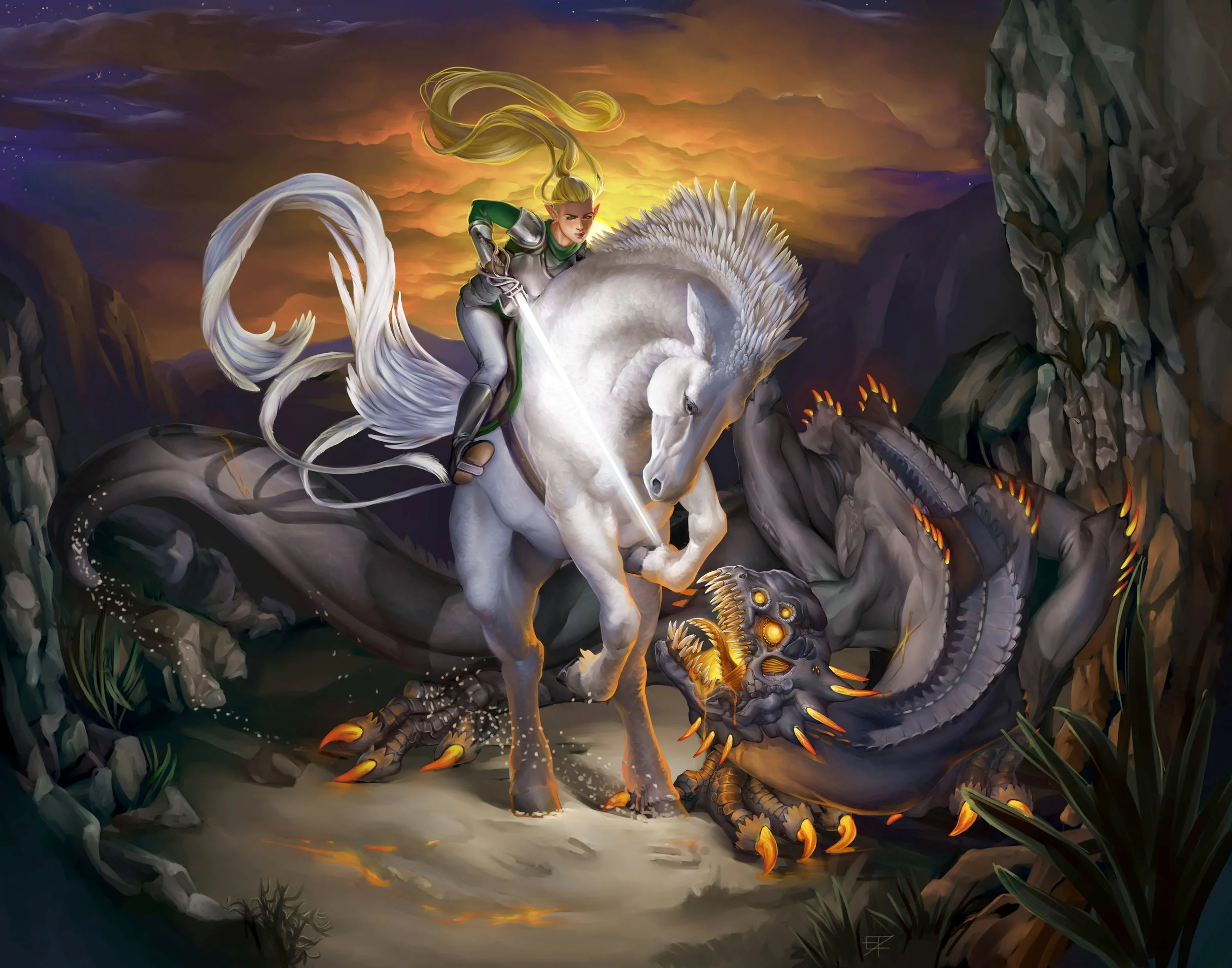 A fantasy scene depicting a warrior riding a white, feathered horse, battling a menacing dragon with glowing eyes and claws. The warrior holds a sword, and the background shows a dramatic sky and rocky terrain. Painted by Elaine Ryan Art