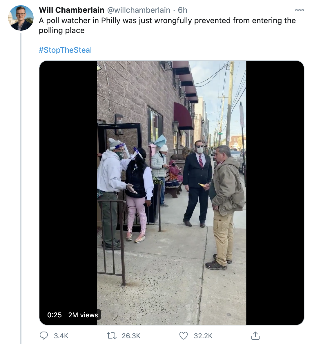 Video showing a poll watcher being denied entrance to a Philadelphia polling site with over 300 million impressions on Twitter