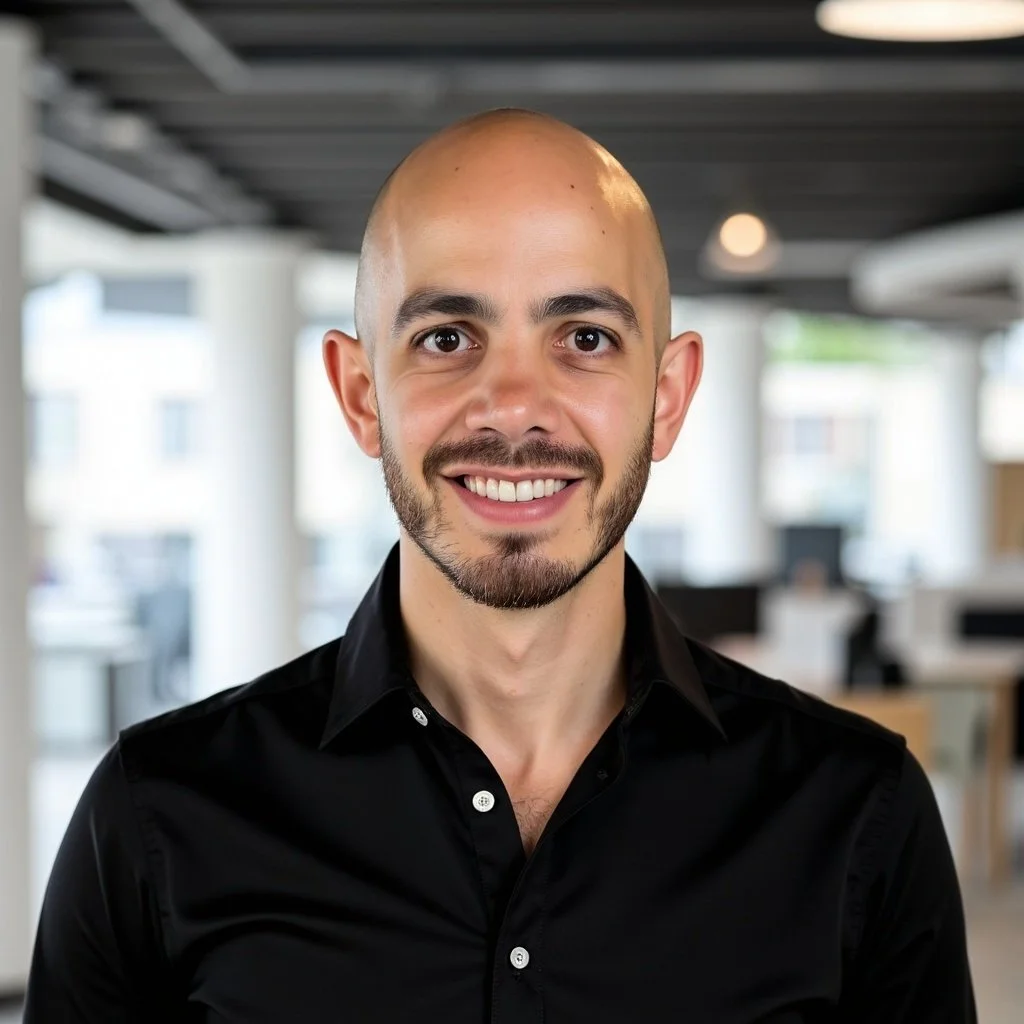 A smiling man with a beard and shaved head dressed in a black shirt in a modern office setting.