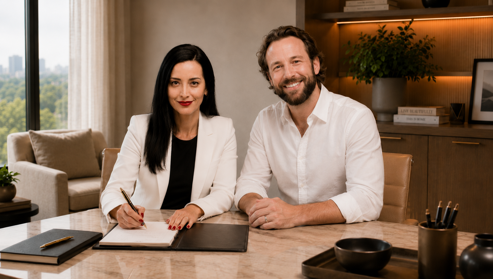 Janette Gallardo and Jake King-Gilbert, founders of Vitta Solutions Fractional CFO Services, standing together in their office.