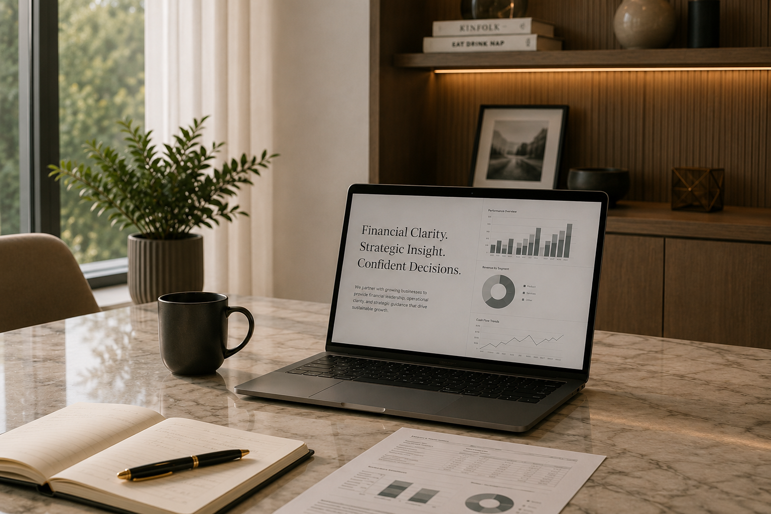 Laptop on marble table displaying financial charts and text, with a black coffee mug, open notebook with pen, documents, and a potted plant nearby in a well-lit office.