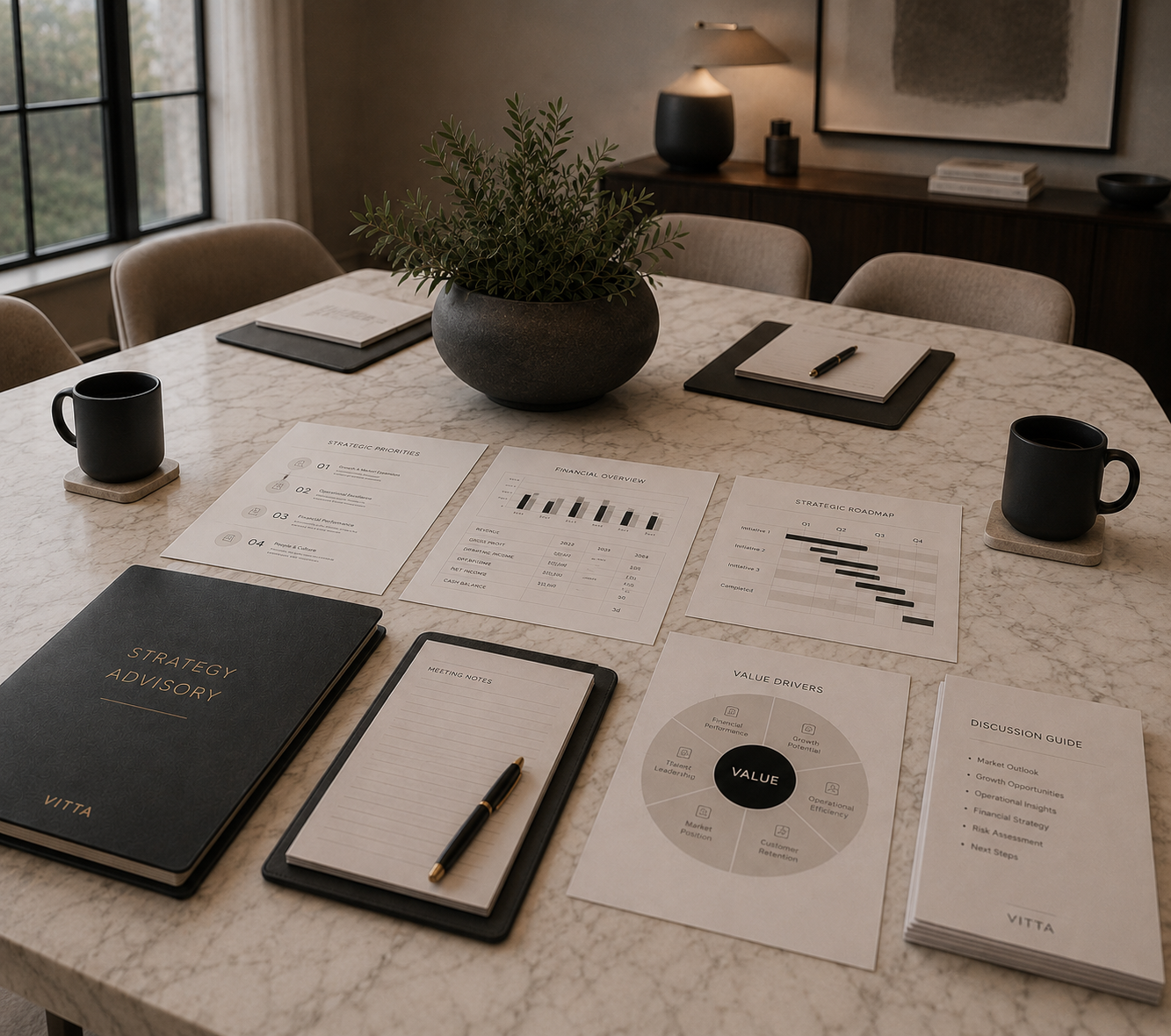 Conference table set for a strategy meeting with documents, notebooks, and coffee, representing Vitta Solutions' Strategic Advisory service and Fractional CFO Services.