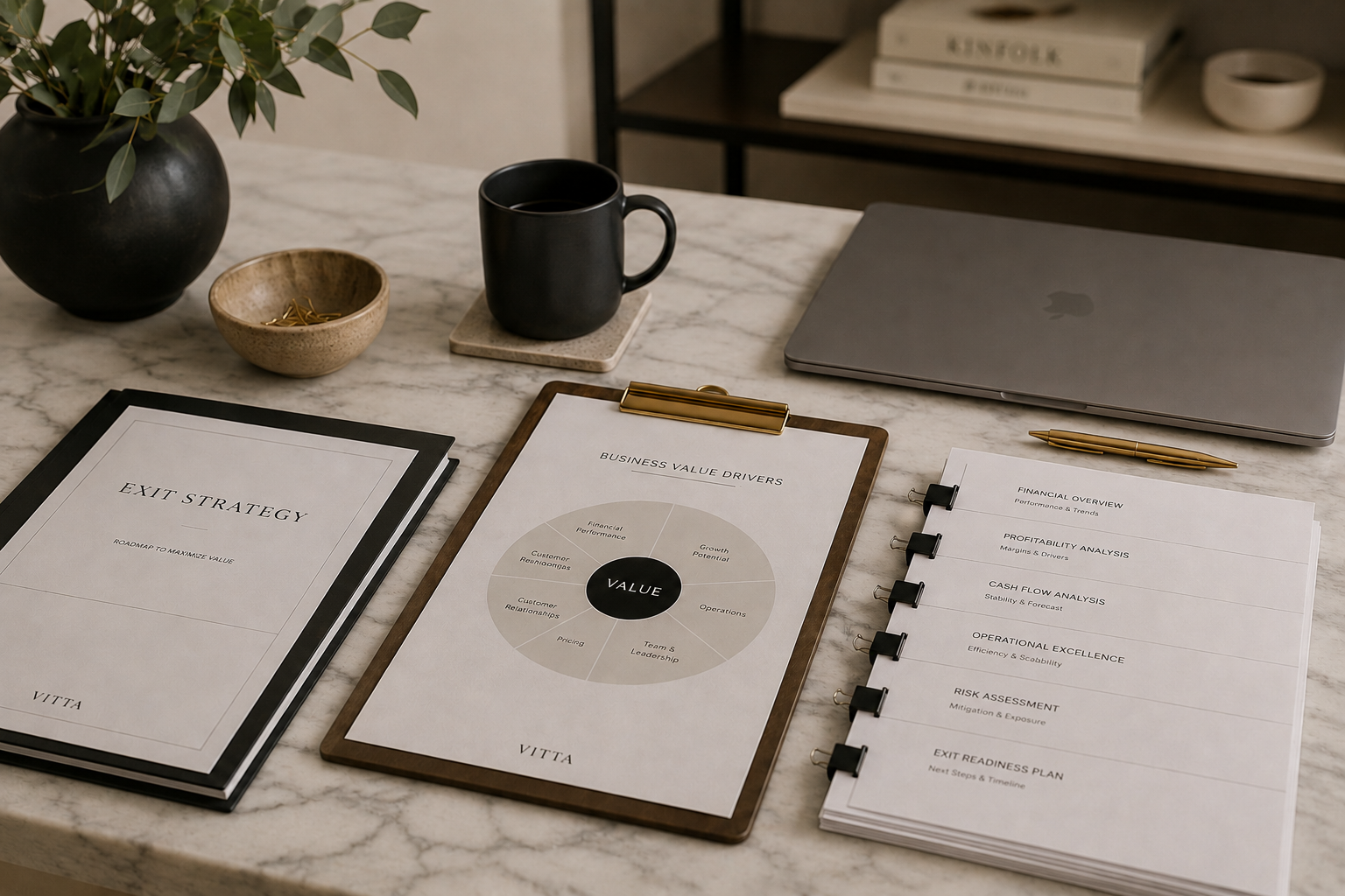 Business office desk with documents labeled 'Exit Strategy' and 'Business Value Drivers', a black coffee mug, a laptop, a golden pen, a small dish with paper clips, and a black vase with green leaves.
