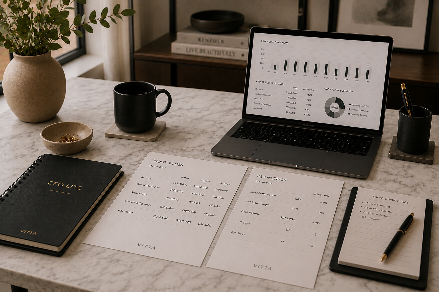 Marble desk with a notebook labeled "CFO Lite" and printed financial reports, representing Vitta Solutions' Lite CFO service.