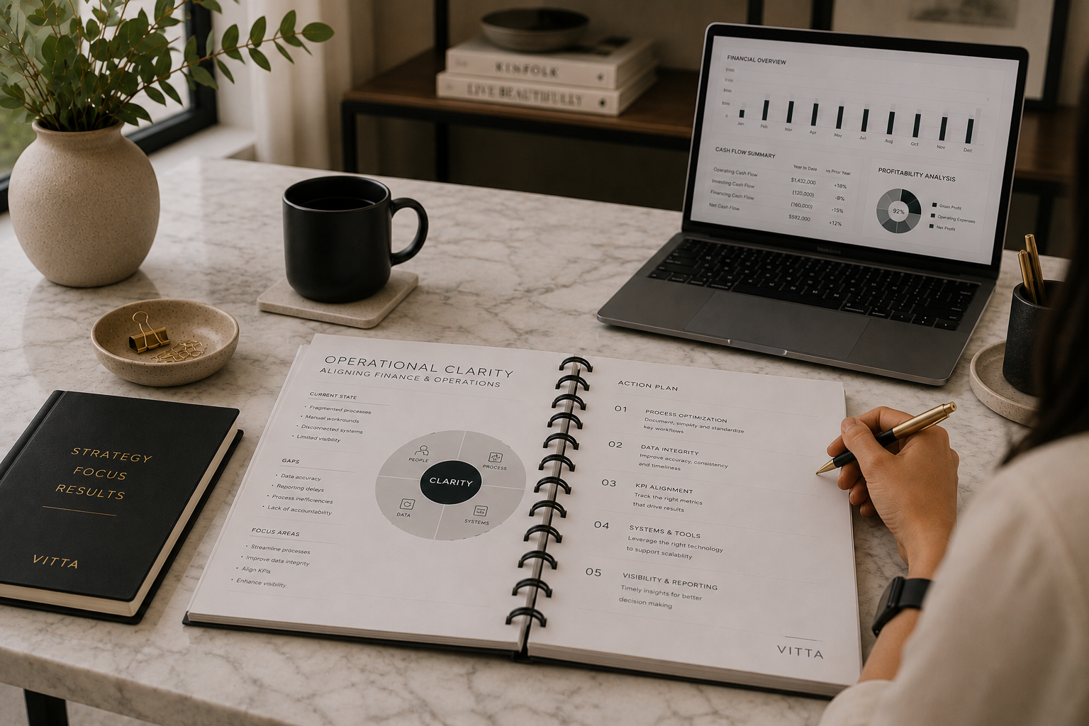 Laptop displaying financial charts next to an open notebook titled "Strategy Focus Results," representing Fractional CFO financial planning work at Vitta Solutions.