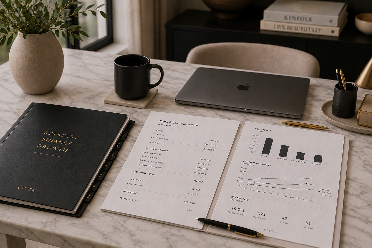 Marble desk workspace with a closed laptop, financial documents, and a folder labeled "Strategy Finance Growth," representing Vitta Solutions' Fractional CFO services.
