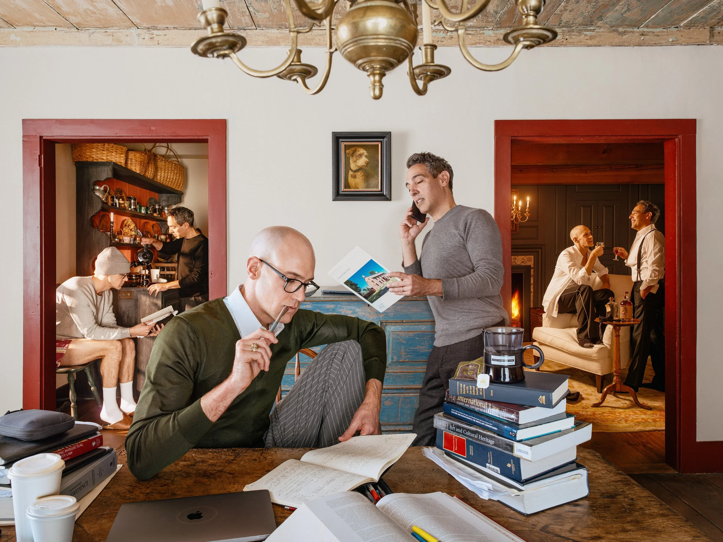 A triptych inspired by the Mérode Altarpiece titled Altarpiece of the Everyday. The painterly photograph depicts a stylized interoperation of a couple over the course of a day: morning, midday, and evening.