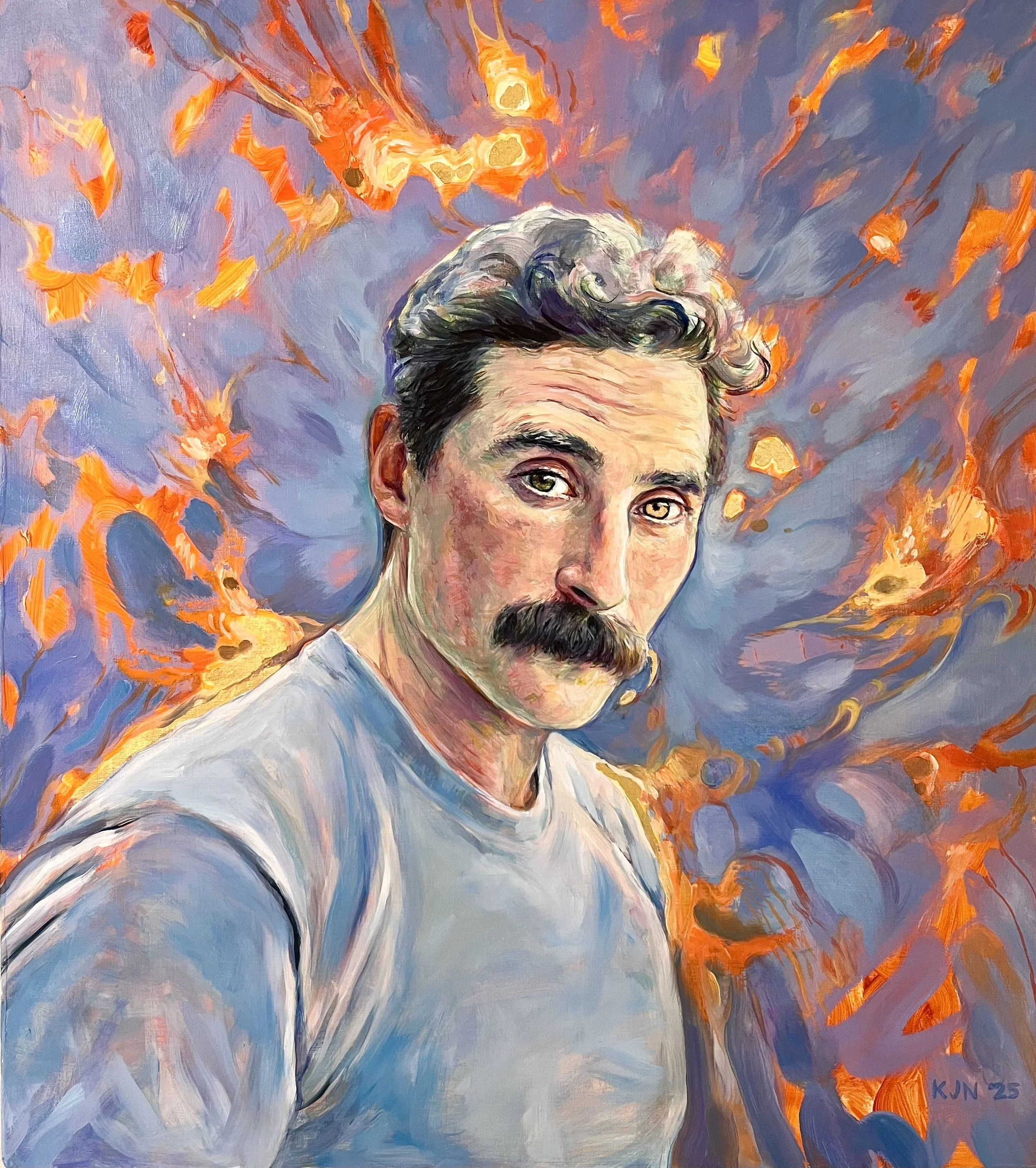 Danny: Dusk Fire, Dawn Fire // Oil and gold leaf on wood // 2025// $756