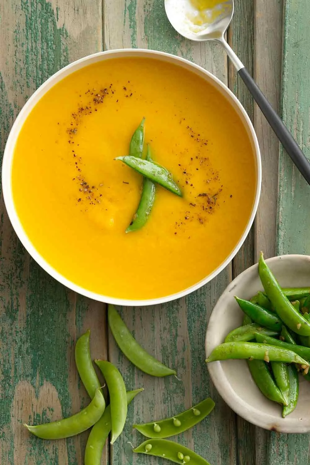 Five-Spice Carrot Soup with Gingery Snap Peas