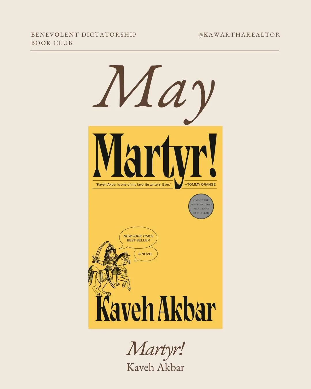 📖🖤The Benevolent Dictatorship Book Club 📖🖤

Books of the Month for May

Martyr! - Kaveh Akbar

Becoming - Michelle Obama