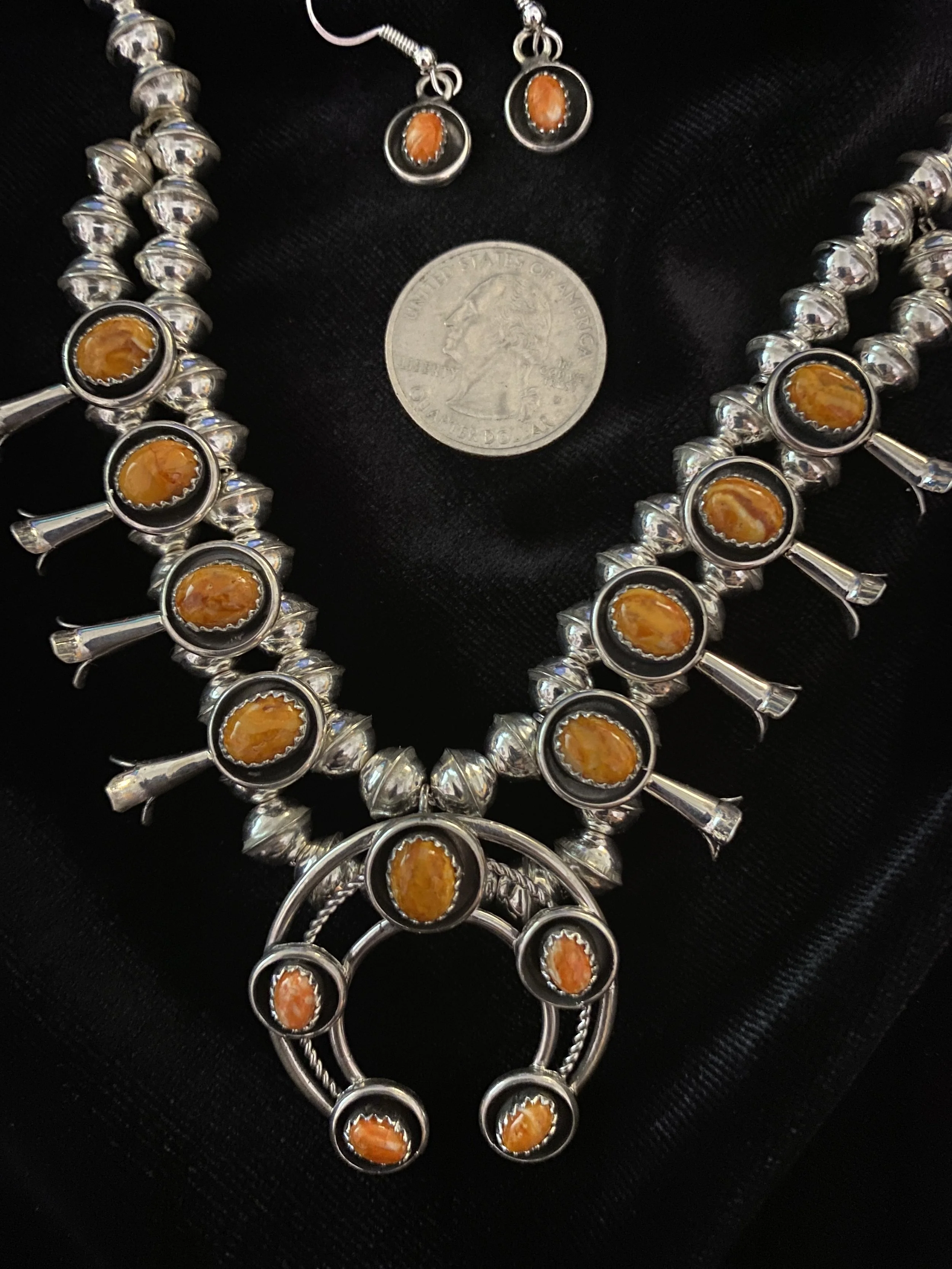 Small Spiny Oyster Squash Blossom Necklace and Earrings Set