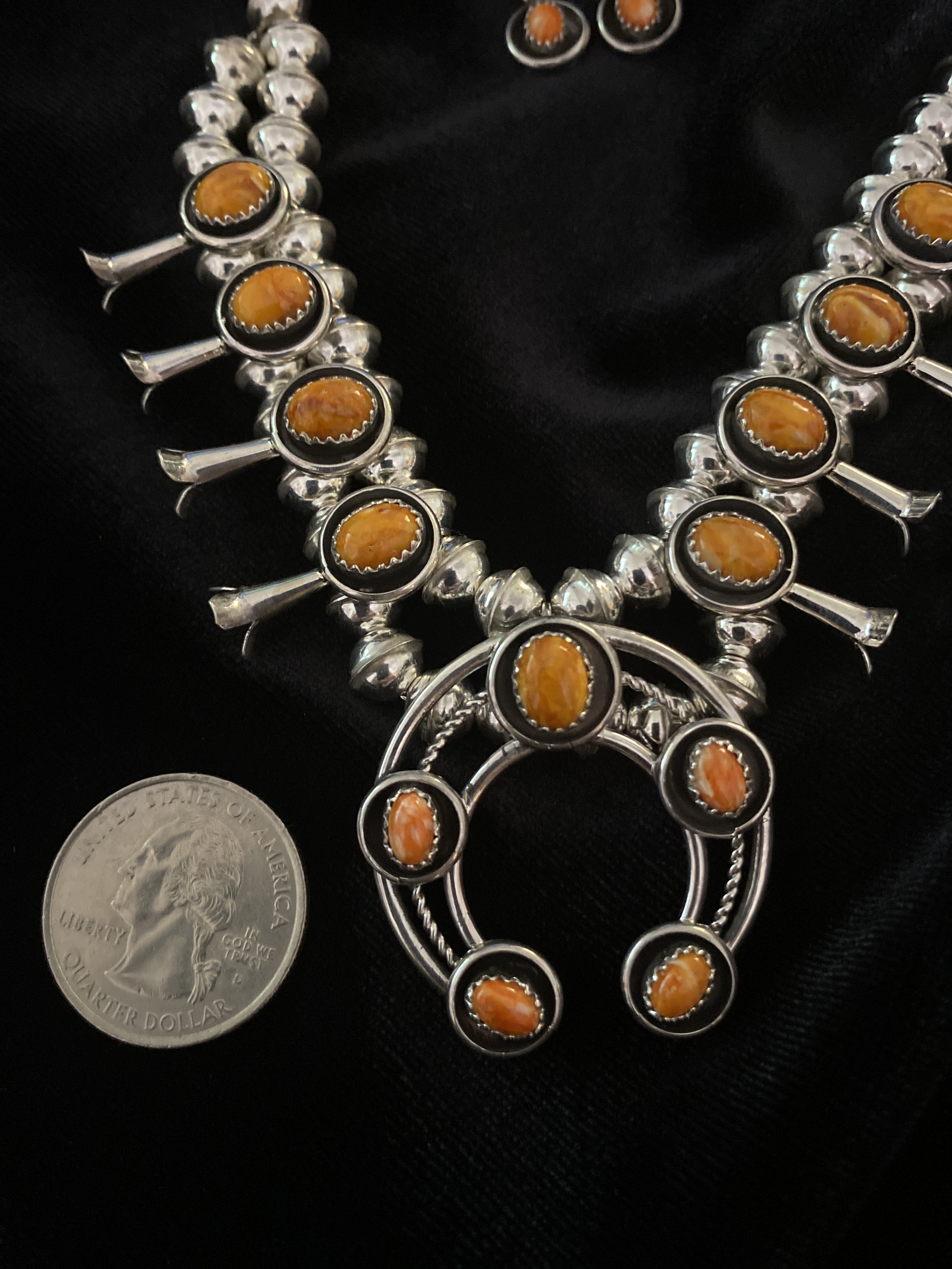 Small Spiny Oyster Squash Blossom Necklace and Earrings Set