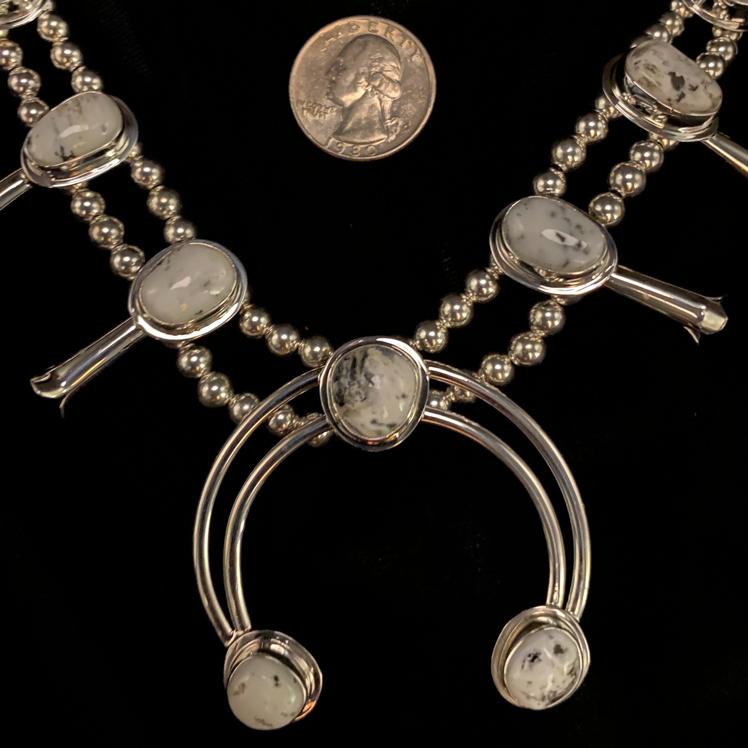 White Buffalo Turquoise Small Squash Blossom Necklace and Earrings