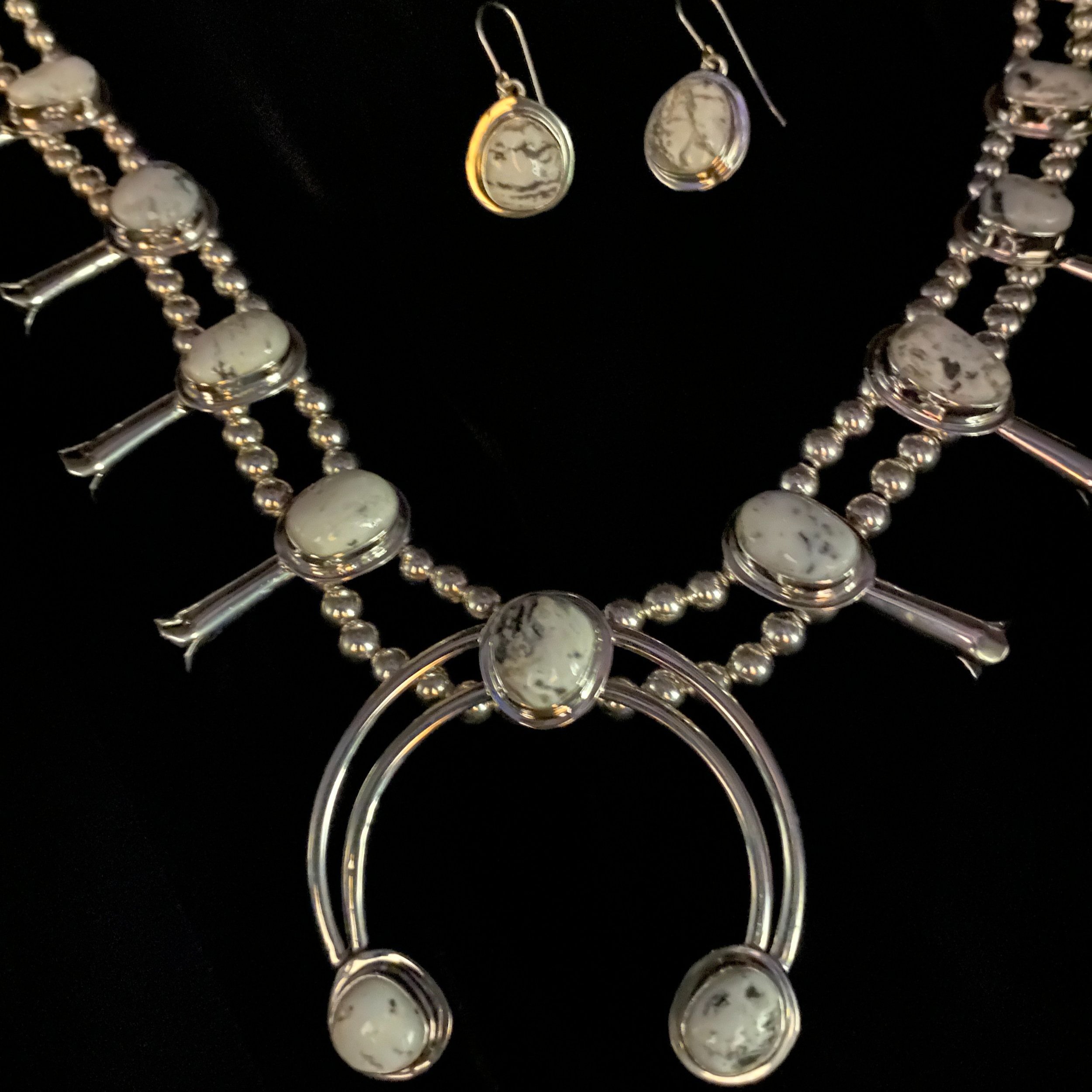 White Buffalo Turquoise Small Squash Blossom Necklace and Earrings