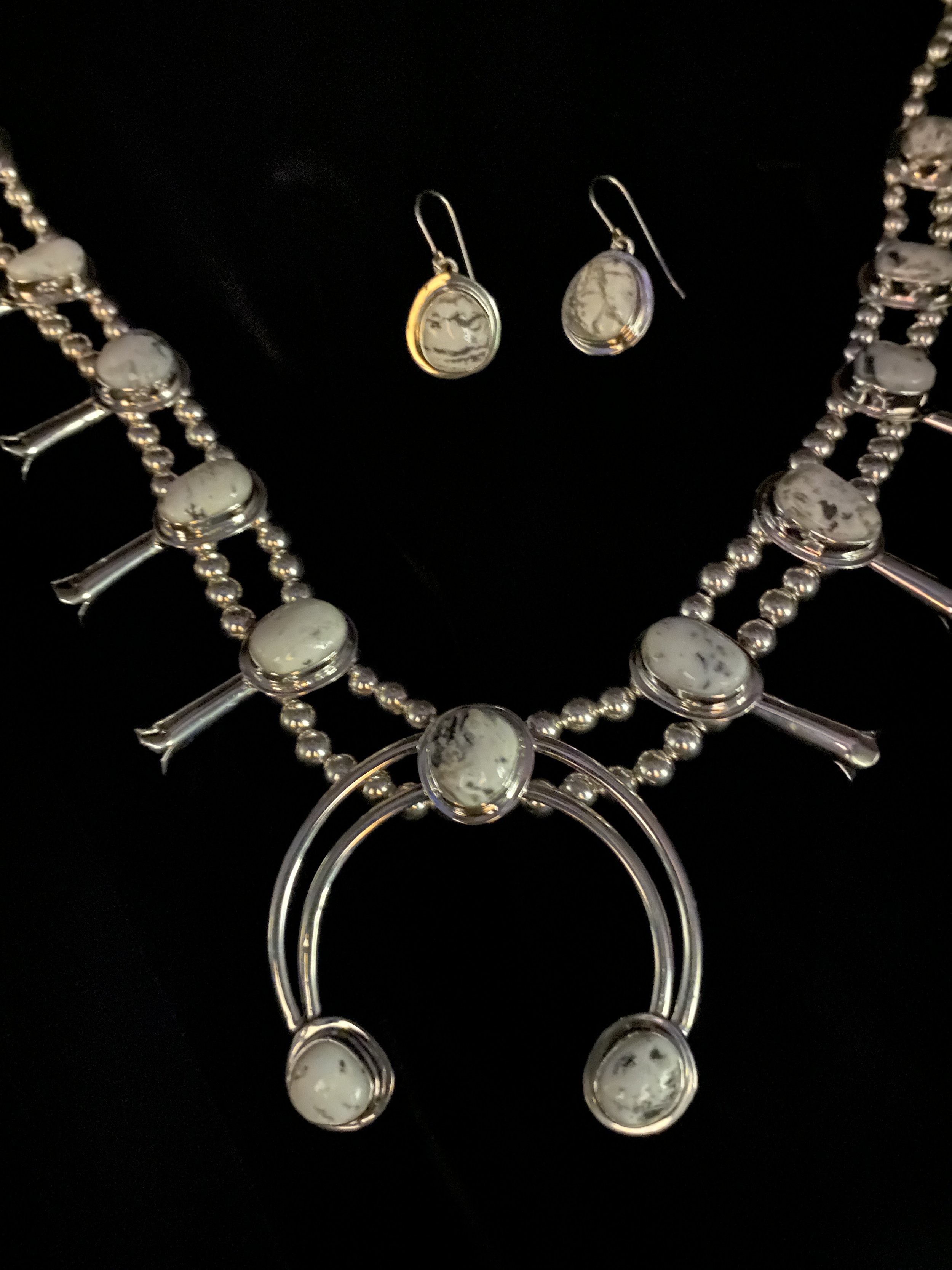 White Buffalo Turquoise Small Squash Blossom Necklace and Earrings