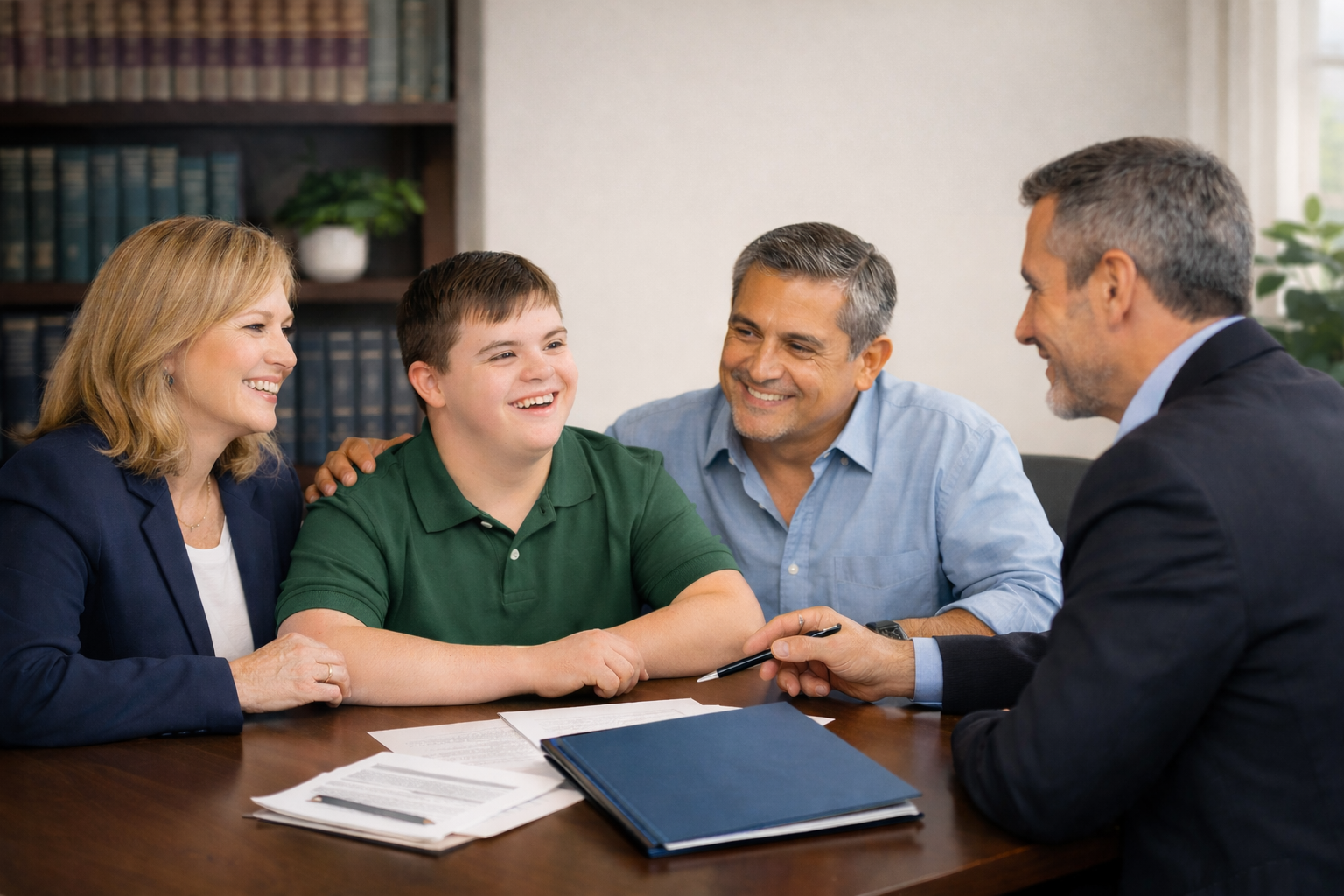 Family of four, including a boy, sitting at a desk during a meeting with a representative or counselor in an office.