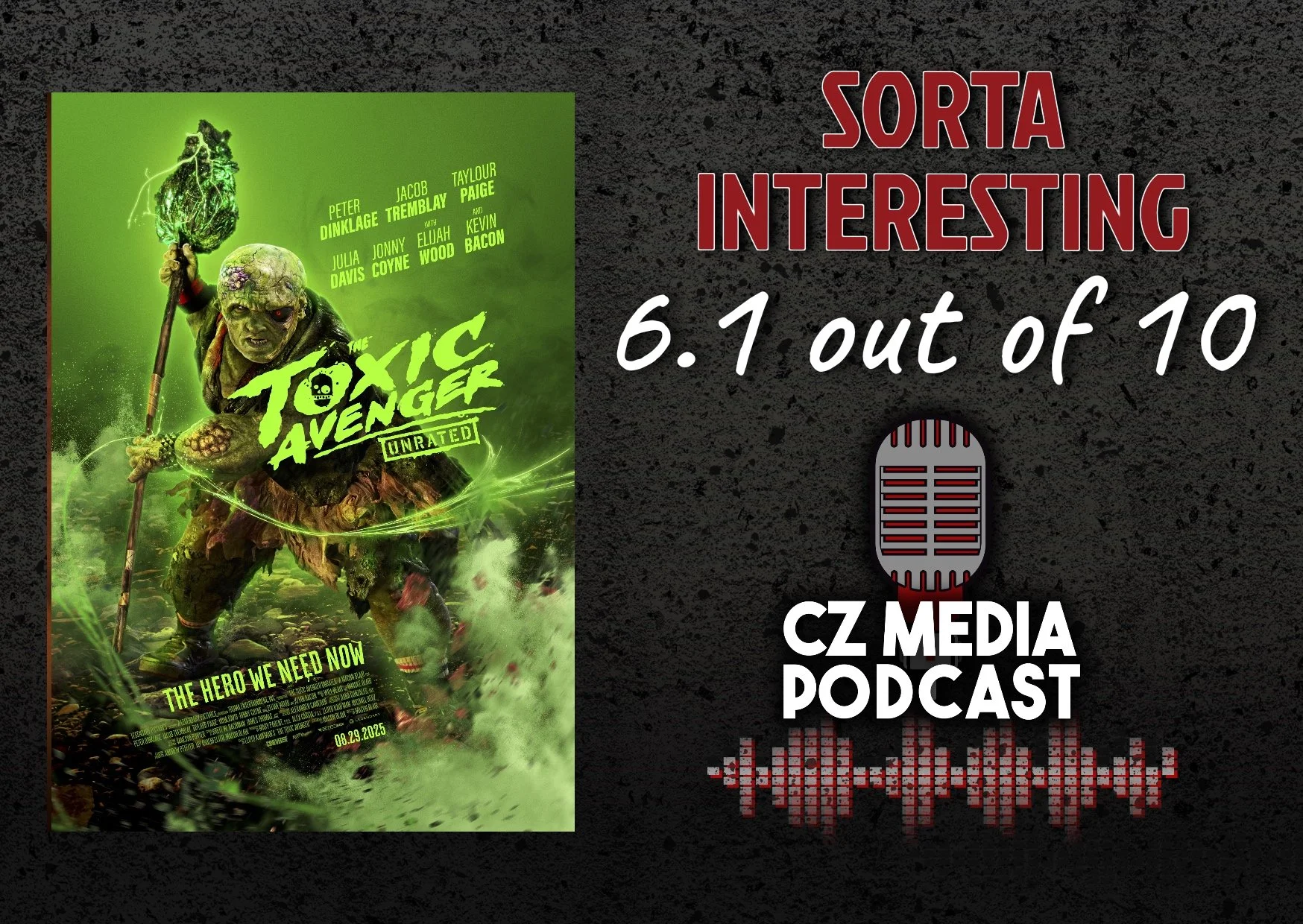 The Toxic Avenger (2023) 

6.1 Sorta Interesting

I wanted to like this more. The new storyline didn&rsquo;t land for me, and Toxie wasn&rsquo;t nearly as formidable as I hoped. Peter Dinklage was great as Winston, though I was hoping he&rsquo;d turn