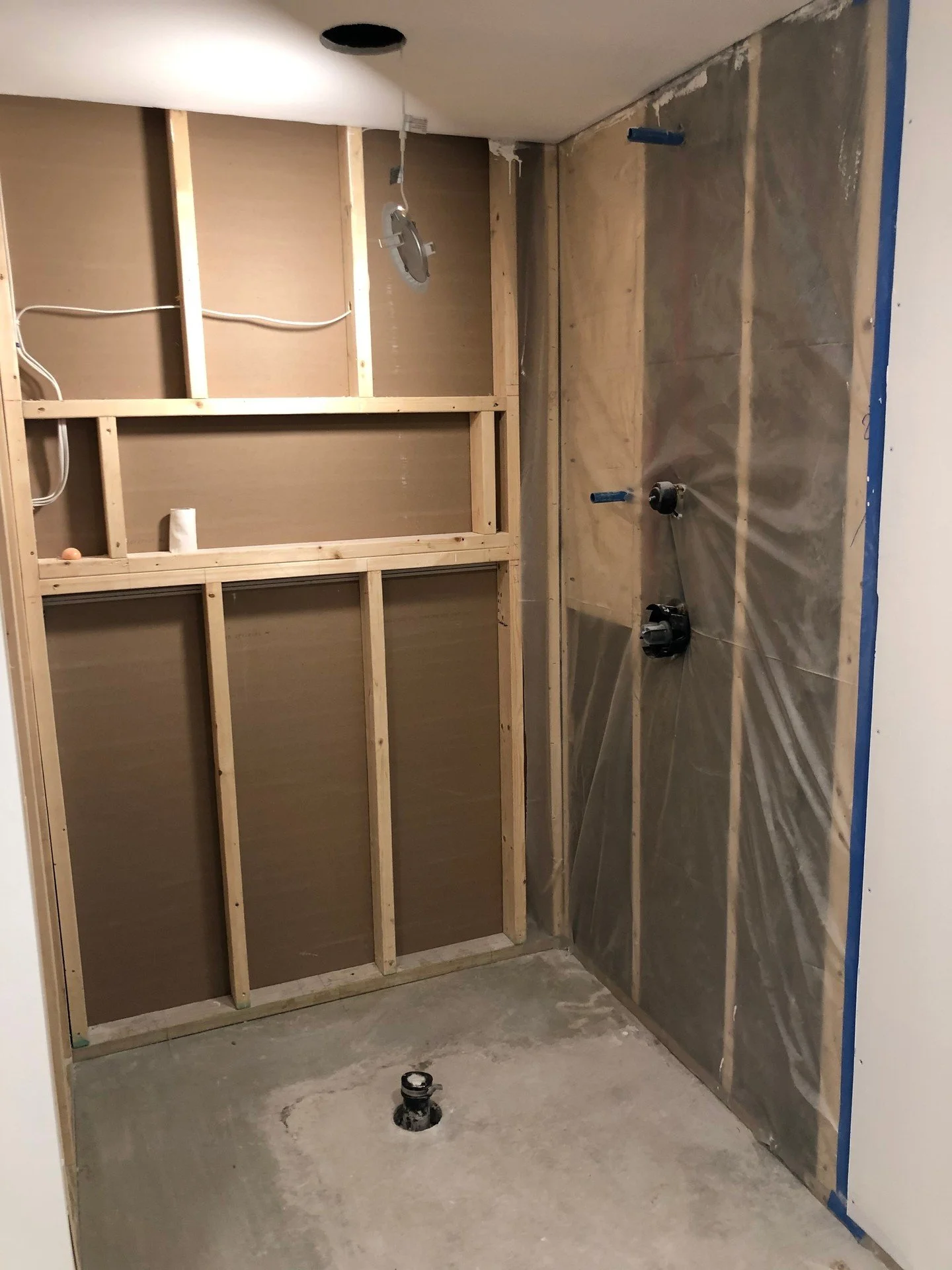A site visit to review progress on a new primary bathroom shower.⁠
⁠
At this stage, we're confirming that everything being built on site aligns with the construction drawings&mdash;from plumbing locations to the dimensions of the custom shower niche.