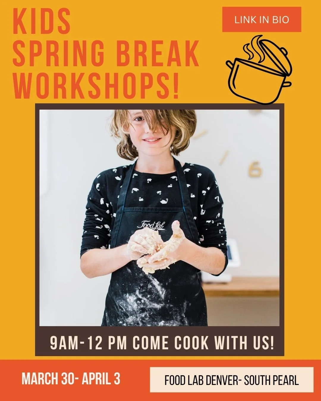 Spring break just got a whole lot more delicious. 🍳
Bring the kids to Food Lab Denver for a hands-on cooking workshop they'll have so much fun in!
Classes run March 30 &ndash; April 3 at our South Pearl Street location. 
Ages 5 &amp; up. Spots are l