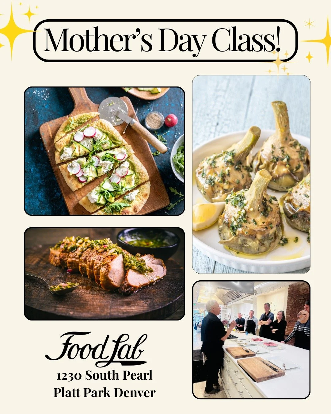 Mother&rsquo;s Day in the Vineyard at Food Lab Denver.
A fun, hands-on way to celebrate the moms in your life this Mother&rsquo;s Day weekend.
We&rsquo;ll be cooking with beautiful spring ingredients, learning fun techniques, and sitting down togethe