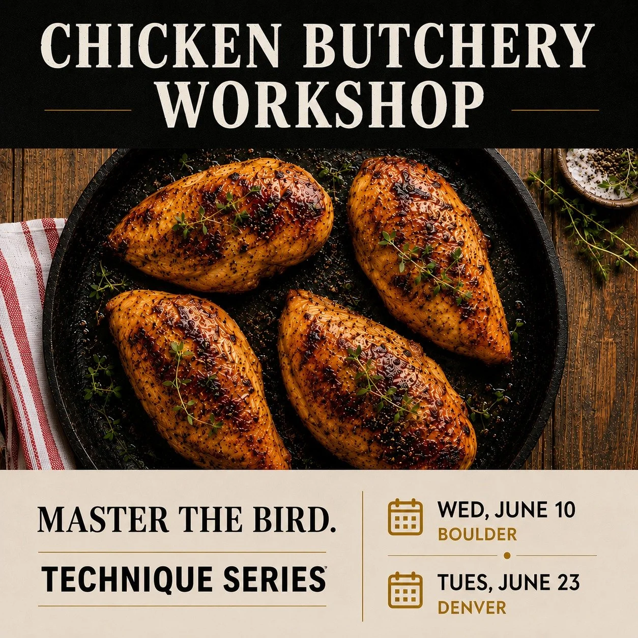 Join us for our Chicken Butchery Workshop, part of Food Lab's Technique Series.
Each guest will break down a whole chicken from scratch, learning how to remove the backbone, separate breasts and thighs, cut an airline breast, and prepare the carcass 