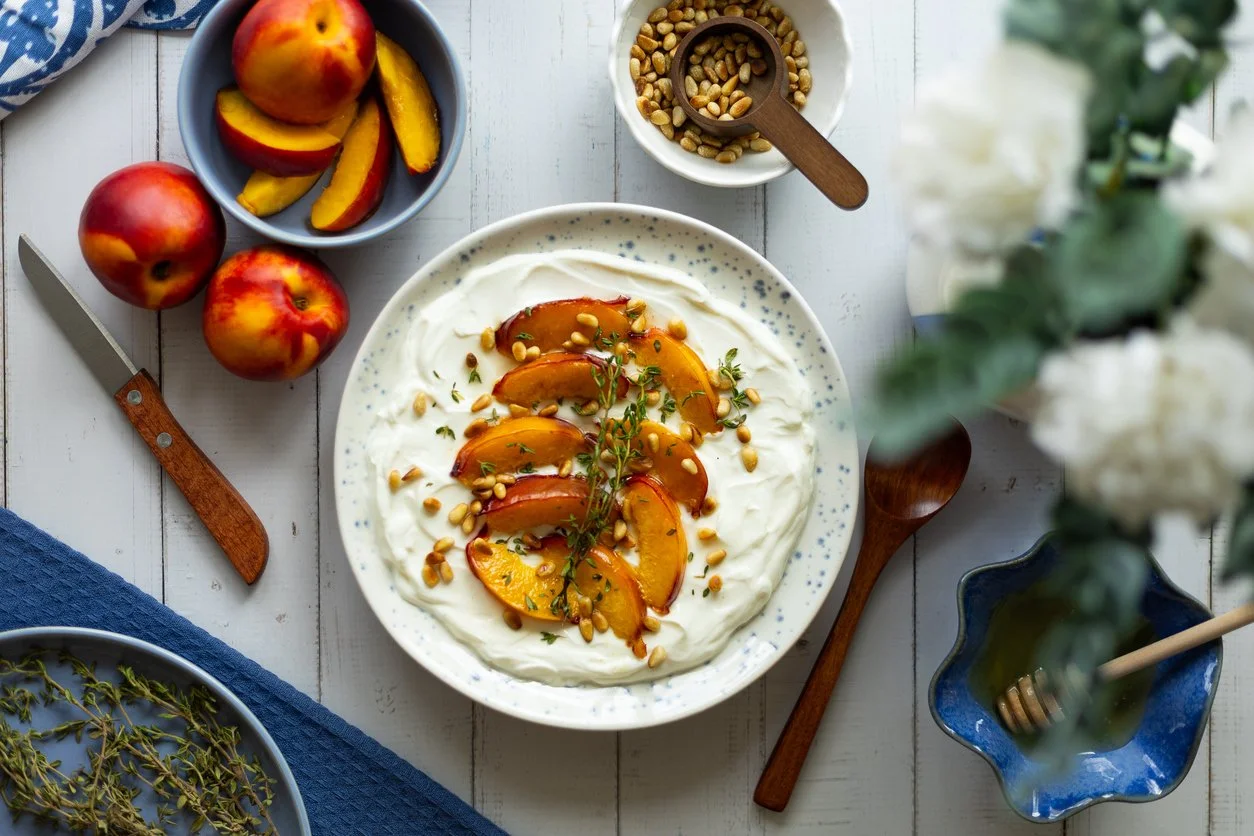 Grilled Peaches with Whipped Feta, Mint &amp; Toasted Pine Nuts