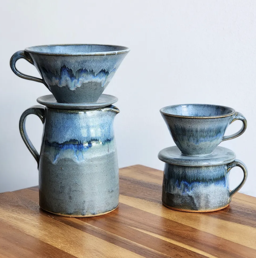 Ceramic pour over pitcher, and three coffee mugs in Lakeshore Grey