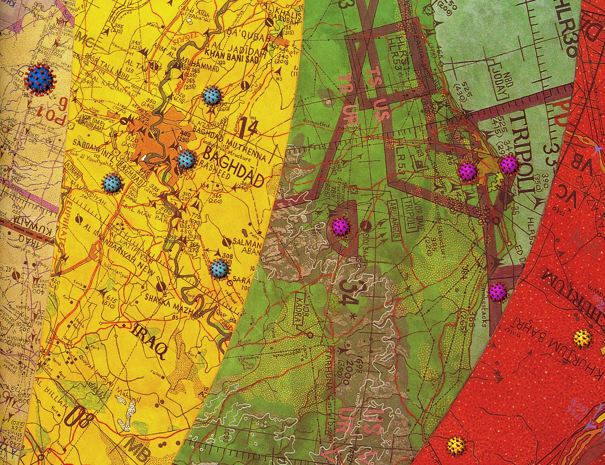 Kuwait, Iraq, Libya, Sudan, Joyce Kozloff and Fran Flaherty, Digital Image Projections, 2020