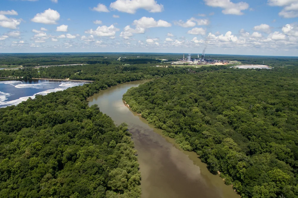  Aerial shot off the Rayonier discharge, the holding ponds (left) and the production facility (right) that creates the waste water. 