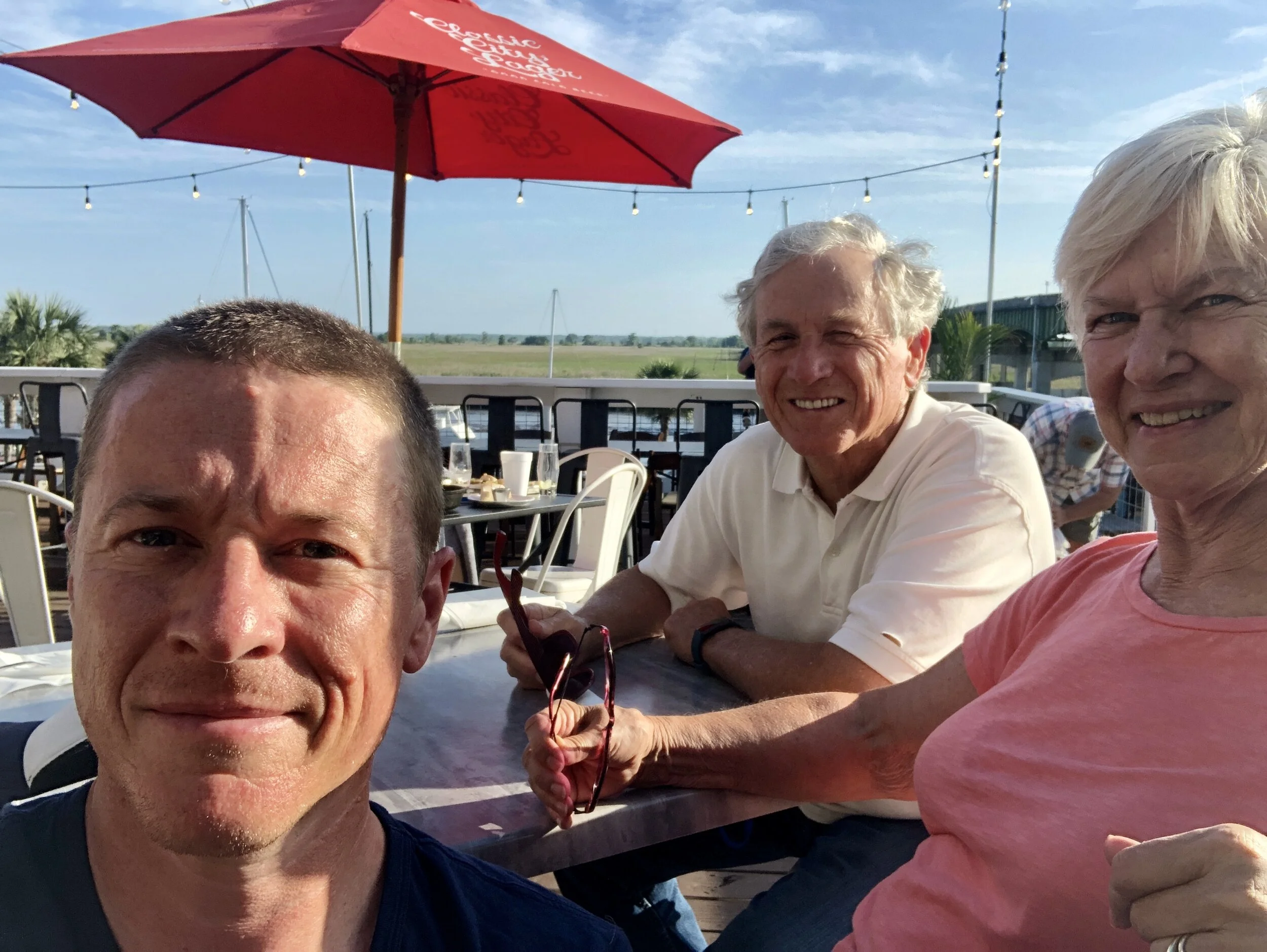 Back with my support crew, waiting for dinner and a beer.