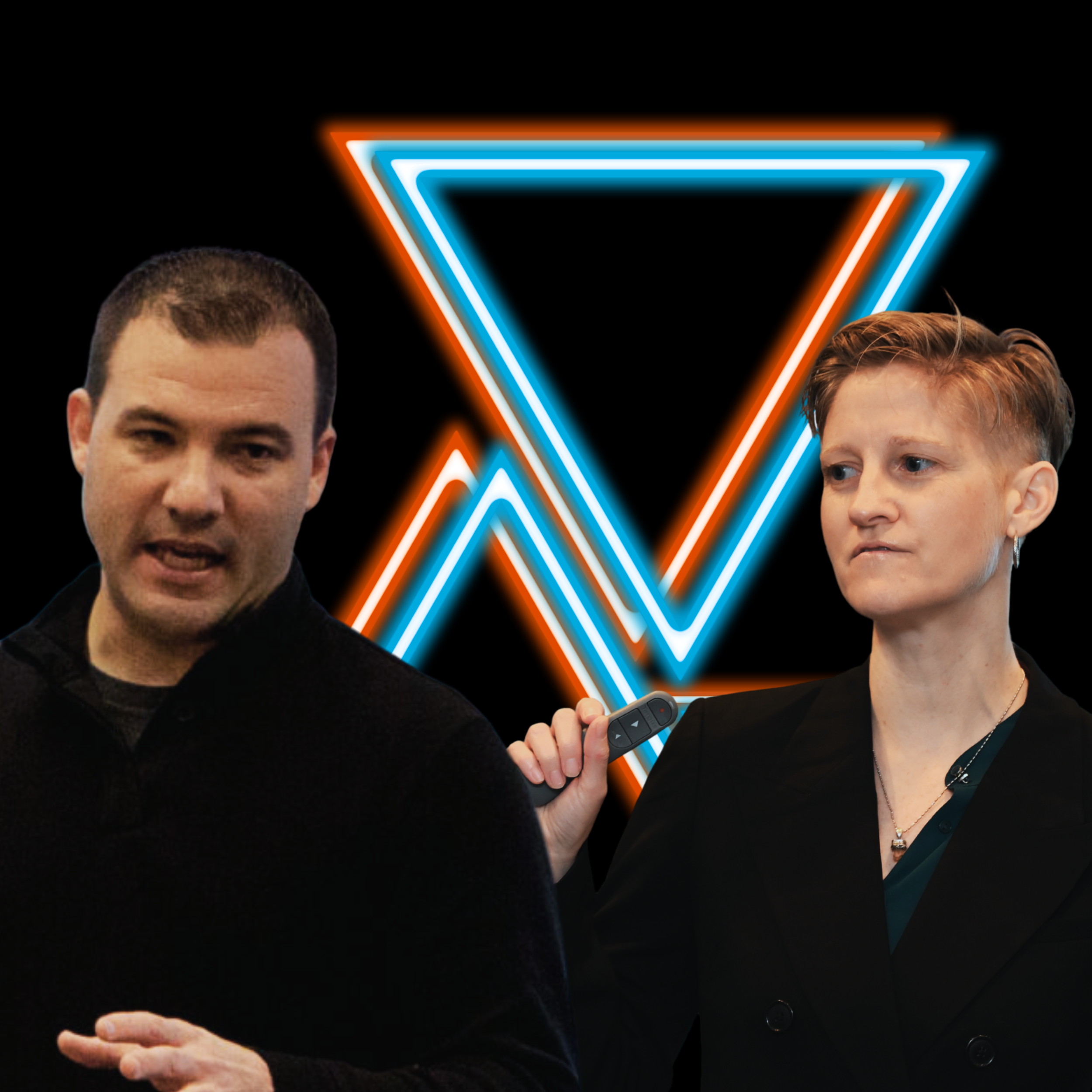 Two people, a man on the left and a woman on the right, in front of a neon geometric design with blue and orange lines forming a triangle and arrow shape, with the woman holding a remote control.