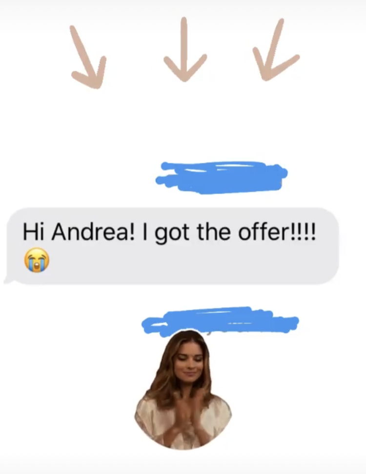 Screenshot of a messaging conversation with three pointing arrows at the top, a blue bar, a message reading 'Hi Andrea! I got the offer!!!!' with a crying emoji, another blue bar, and a gif of a woman clapping with a happy expression.