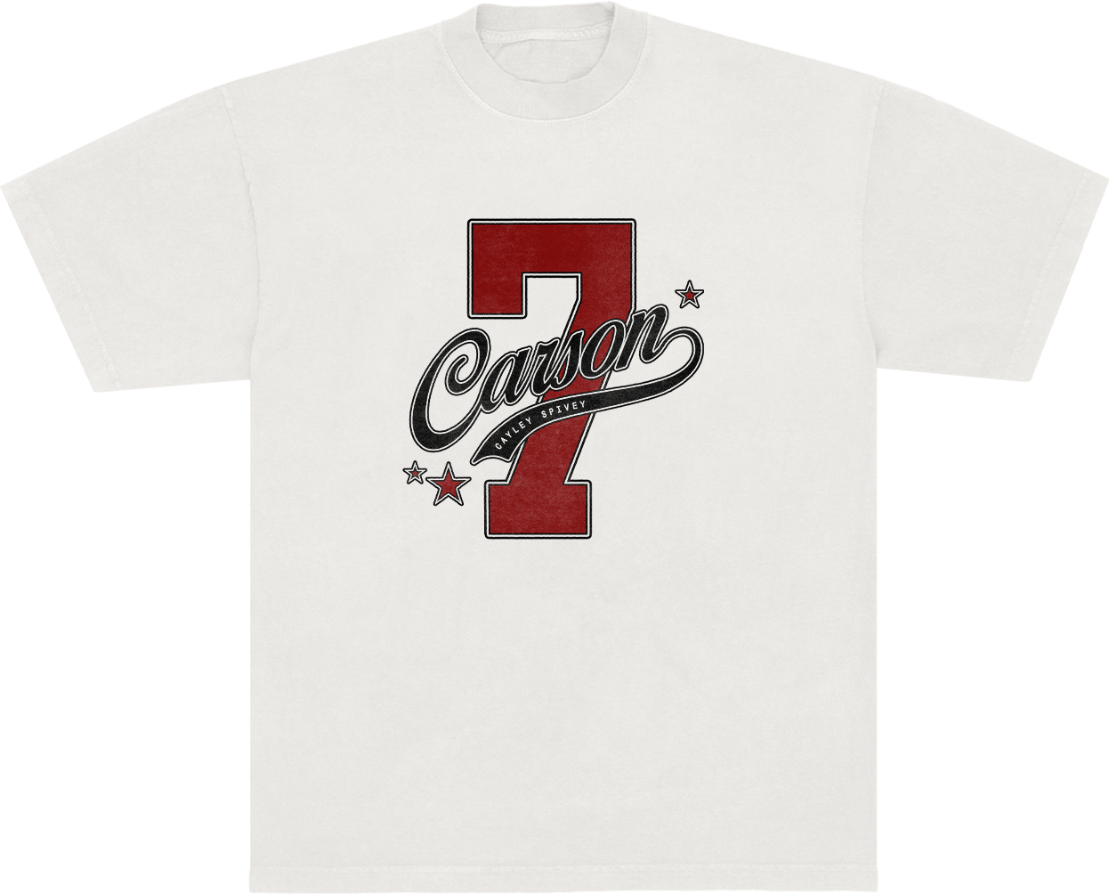 White T-shirt featuring a large red #1 with the name "Carson" and the phrase "Cayley Spivey". Varsity band t shirt from music artist.