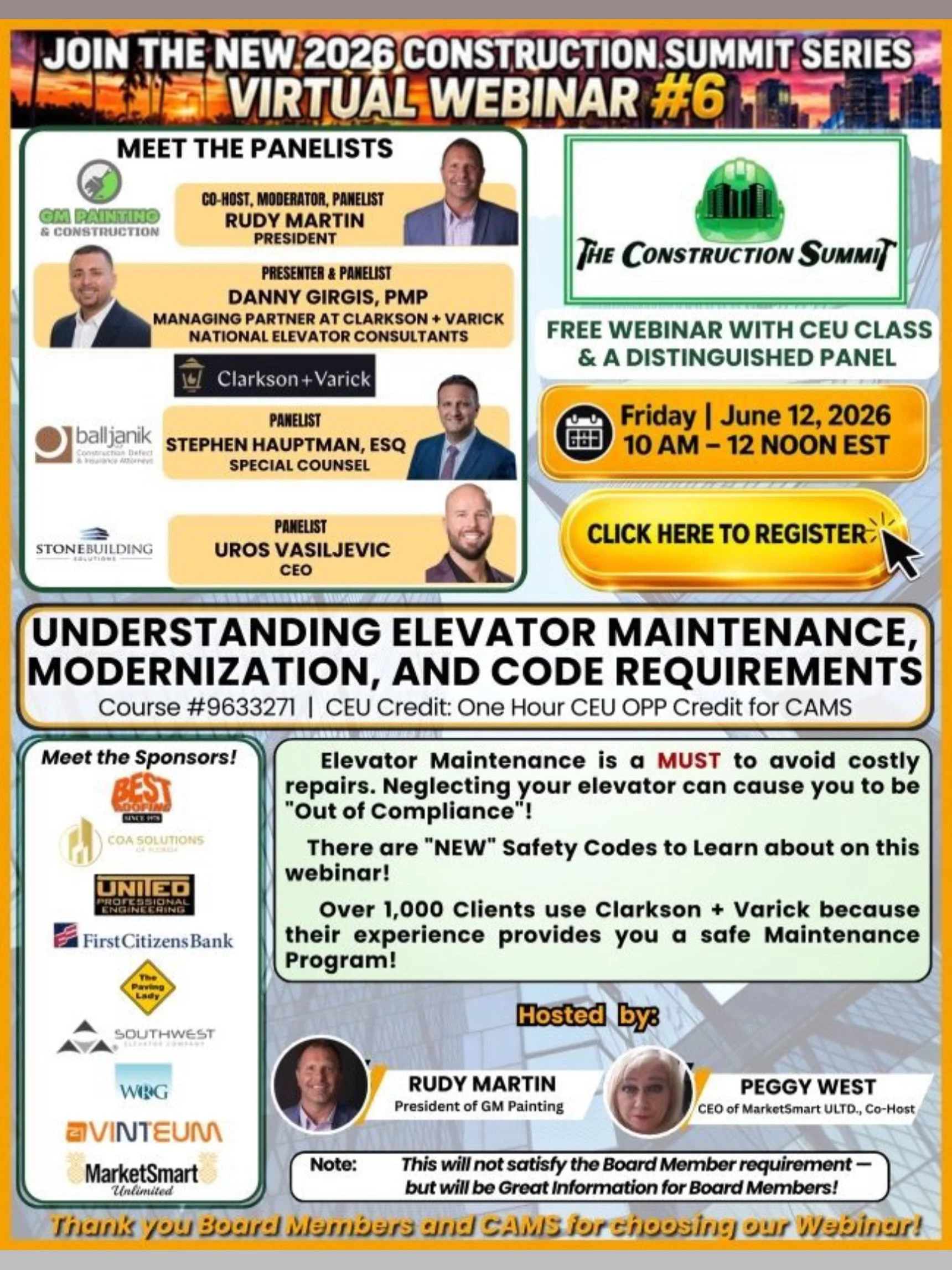 Join us tomorrow June 12, 10:00 AM.
Our own Danny Girgis, PMP will be presenting the class and actively participating in this panel.
Elevators are one of the most critical, and often overlooked, building systems. Yet few opportunities bring together 