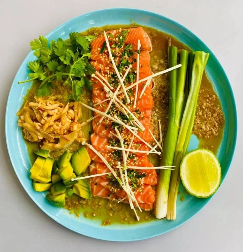 SALMON SASHIMI WITH MISO, SHIRO & GINGER DRESSING