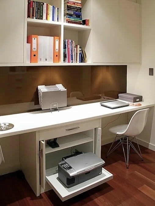 #Home_Office at The Bastion #castlecrag 
Can you tell it was 20 years ago? 
Tricks: a centre Printer Pod with a pullout shelf and Pocket Doors, removes an ugly, bulky printer from the benchtop - but helps hold it up too.