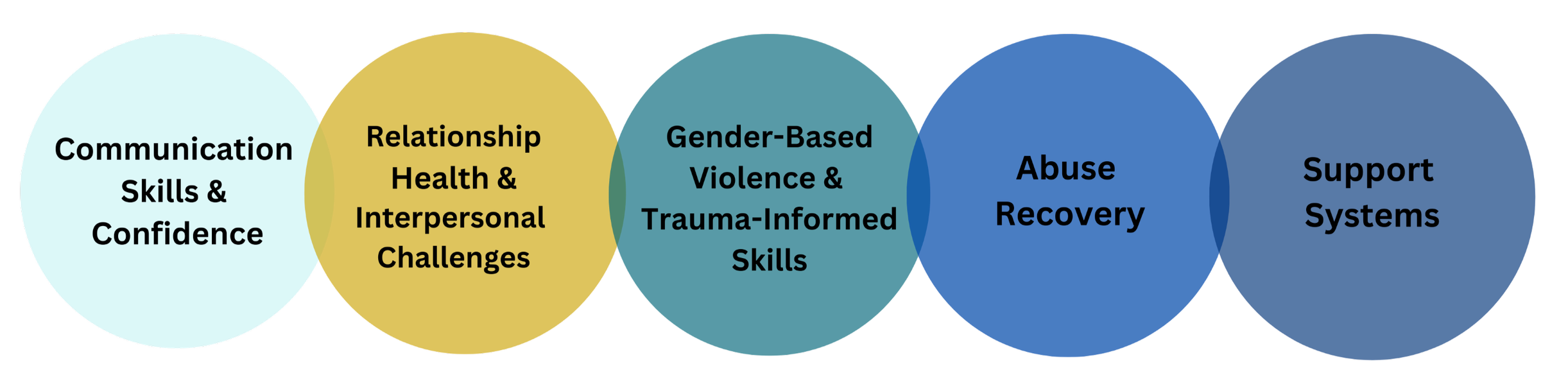 Graphic of 5 overlapping, multi-colored circles in a row. Each circle contains text: Communication Skills & Confidence ; Relationship Health & Interpersonal Challenges; Gender-Based Violence & Trauma-Informed Skills; Abuse Recovery; Support Systems