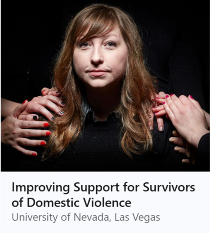 Thumbnail that links to a UNLV feature of Jenny's work about improving support for survivors. Portrait of Jenny with multiple sets of hands resting on her shoulders.