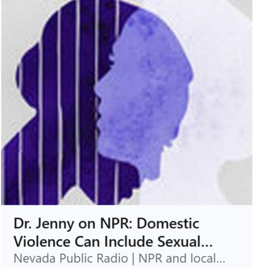NPR Logo that links to a KNPR interview with Dr. Jennifer (Jenny) Guthrie about sexual assault and domestic violence.