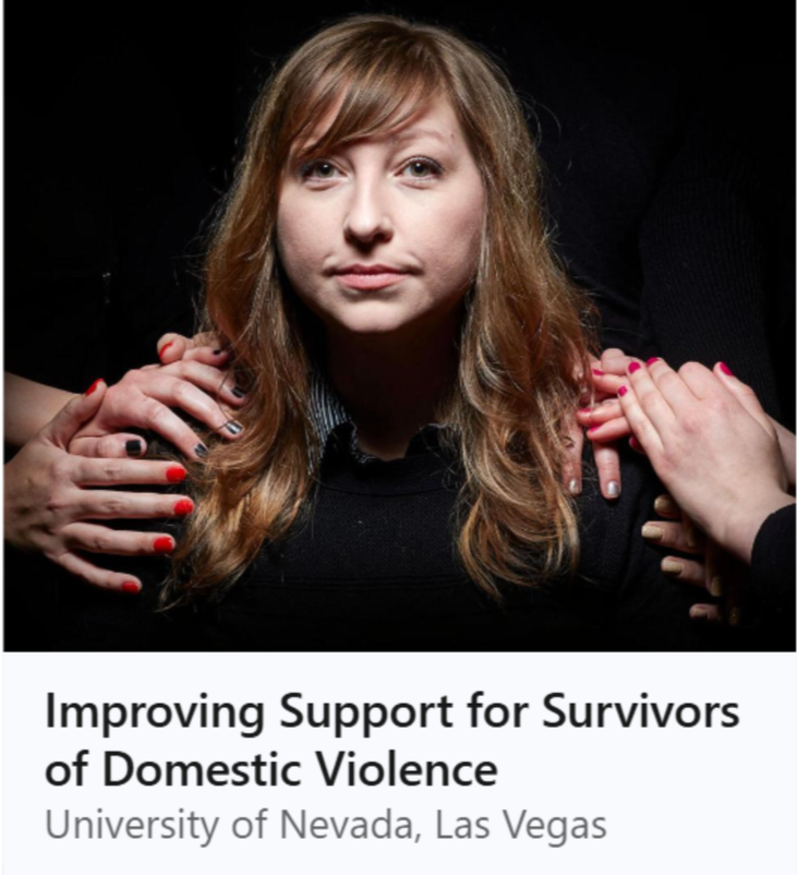 Thumbnail that links to a UNLV feature of Jenny's work about improving support for survivors. Portrait of Jenny with multiple sets of hands resting on her shoulders.