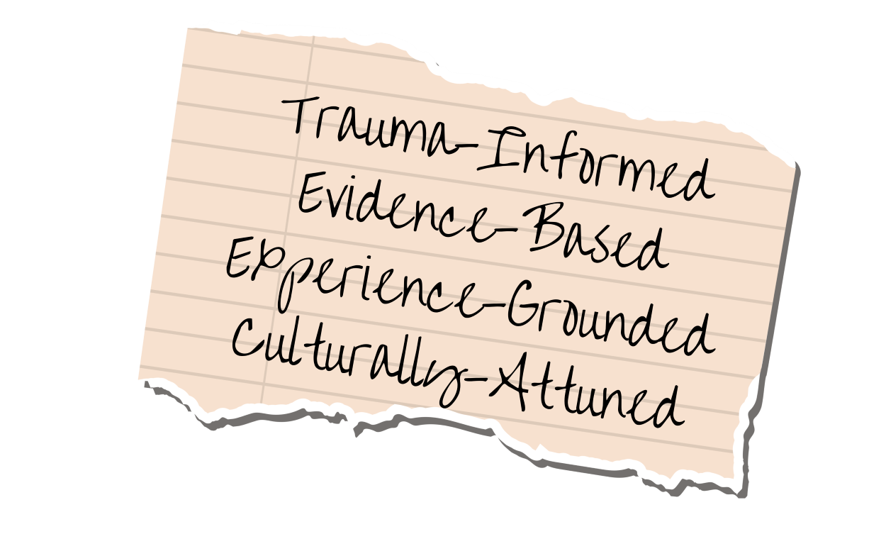 Graphic of torn piece of notebook paper with hand-writing font that says: Trauma-Informed, Evidence-Based, Experience-Grounded, Culturally-Attuned