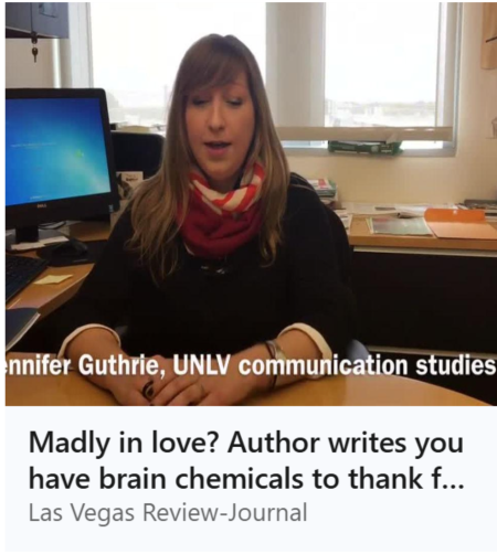 Thumbnail of Jenny at her desk completing an interview with the Las Vegas Review-Journal about romance and being in love. Links to article.