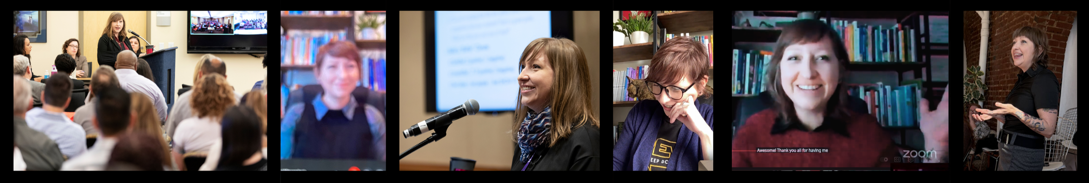Collage of six images featuring women speaking at or participating in events, including a woman at a podium during a conference, two women on video calls, a woman smiling at a microphone, a woman with glasses laughing at a bookshelf, a woman smiling and talking virtually on Zoom, and a woman standing and speaking in a room with brick wall and plants.