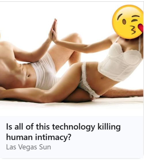 Thumbnail of a couple in their underwear high-fiving that links to an interview with Jenny for the Las Vegas Sun about how technology affects relationships.