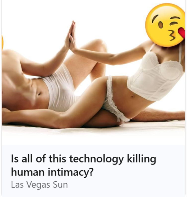Thumbnail of a couple in their underwear high-fiving that links to an interview with Jenny for the Las Vegas Sun about how technology affects relationships.