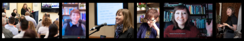 Collage of six images of Dr. Jenny at previous work events. Two images feature her speaking behind podiums to large, live audiences. A third is more casual and a smaller training. Three images feature her on virtual meetings / presentations.